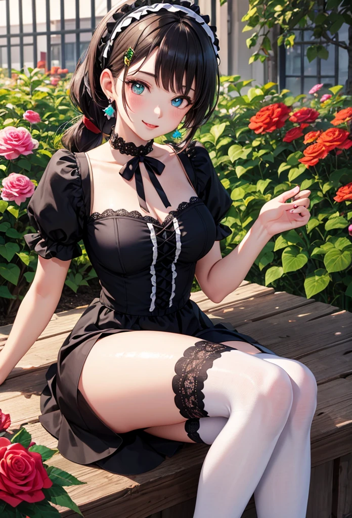 A beautiful girl in a black dress sitting on a wooden platform, anime girl, rose garden, beautiful and sunny day, black ta dress with lots of ruffles, floral print dress, short sleeve, lolihoker, low-cut chest, big round breasts, white lace thigh-high stockings, black lolita s, dark brown hair, gradient bangs, french braid, long hair, ponytail, wavy hair, swept bangs, shiny hair, hairclip, hair ribbon, hair flower, jewelry, lolita hairb aqua eyes, glowing eyes, pupils sparkling, earrings, light smile, blush, happy, red lips, slim waist, shapely legs, beautiful thighs, princess dress, short skirt, high detail, anime, dithering, image fill, perspective, Wide-Angle, f/1.8, 85mm, Sony FE GM, 8k, 8k wallpaper, super detail, highly detailed CG, UHD, retina, masterpiece, accurate, anatomically correct, textured skin, highres, best quality:1.3, 16k