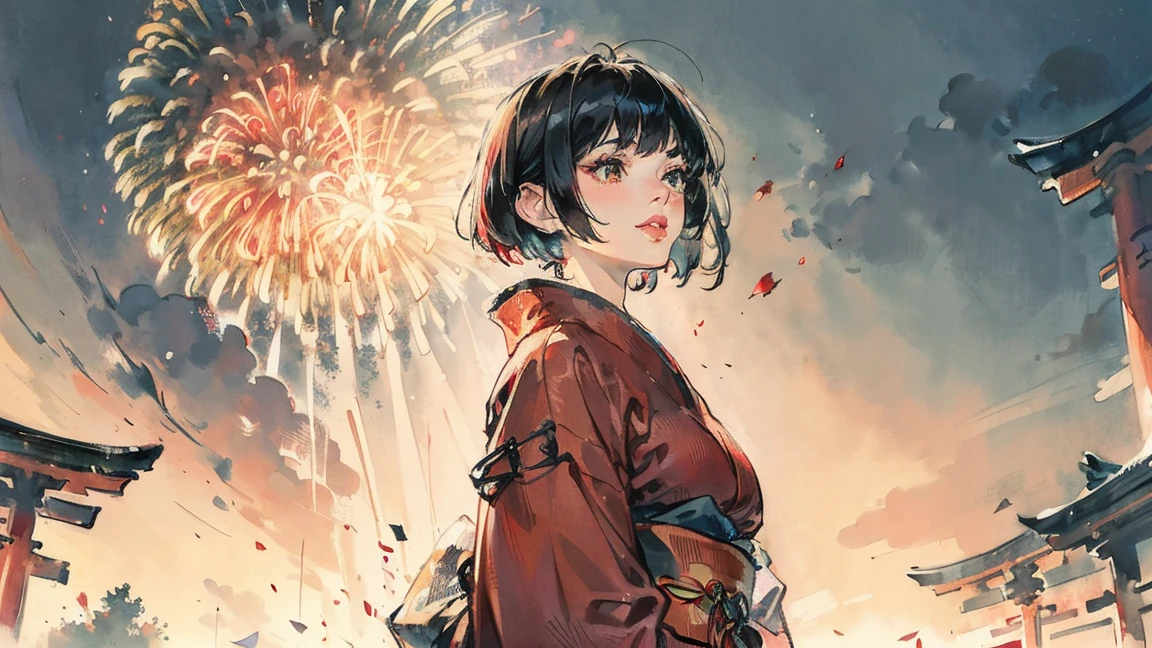 (((beautiful girl))), (((red cheek))),(((Pixie Cut))) ,(((Chuckle-Smile))),(((torii))), (((shoot from below))),(((from side))),(((Gazing Skyward:1.1))),(((night))),(((Huge fireworks))), (Lips are red:1.5),20-year-old, Watercolor, masterpiece, Highest quality, Very delicate and beautiful girl,Very delicate and beautiful, world masterpiece theater, Super detailed, Very detailedな, Highest quality,(((fancy red kimono)))。 (((Black Hair))), (((Black Hair))), (((Black Hair))), (((Upper Body))), (((Upper Body))), (((Upper Body))), (((Upper Body))), (((Upper Body))), (((Upper Body))), High resolution, Very detailed,5 girls, Highest quality, figure, masterpiece, Highest quality, Accuracy, A woman in her twenties from the late Edo period, He has a modern anime-like face.