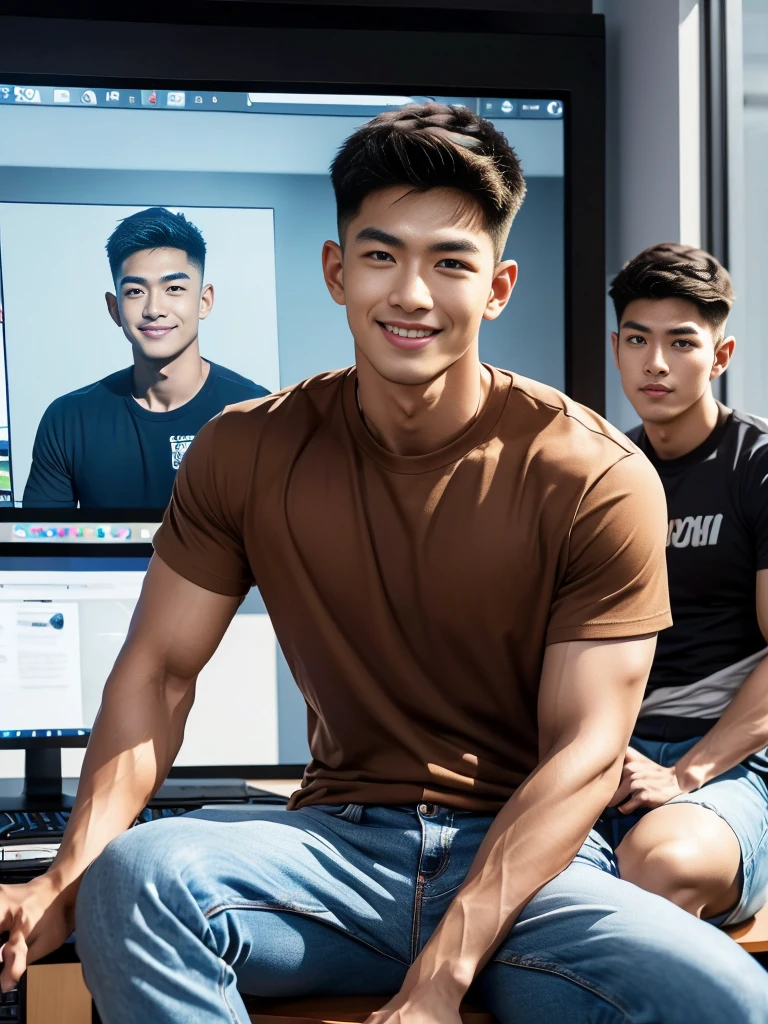 man , Brown t-shirt, jeans, black short hair , outdoor , cute smile , หน้าhandsomeแบบเกาหลีสมจริง , modest muscles , Masterpiece、High resolution、Surreal、detailed face、alone、man、Glowing skin、(Asia)、handsome、(Sitting in the computer room:1.5)