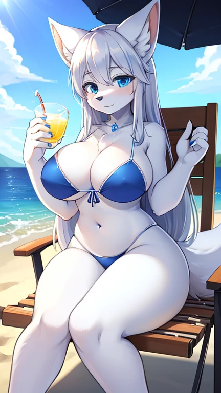 best quality, best resolution, (fluffy anthro furry), arctic fox girl, silver hair, blue eyes, (white fur), long straight hair, fox ears, big breast, sophisticated manner, (royal blue bikini), sitting on beach chair, legs crossed, sipping on a cup of lemonade, left hand resting on top of leg, 