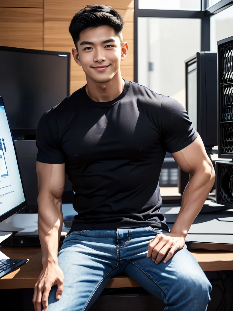 man , Brown t-shirt, jeans, black short hair , outdoor , cute smile , หน้าhandsomeแบบเกาหลีสมจริง , modest muscles , Masterpiece、High resolution、Surreal、detailed face、alone、man、Glowing skin、(Asia)、handsome、(Sitting in the computer room:1.5)