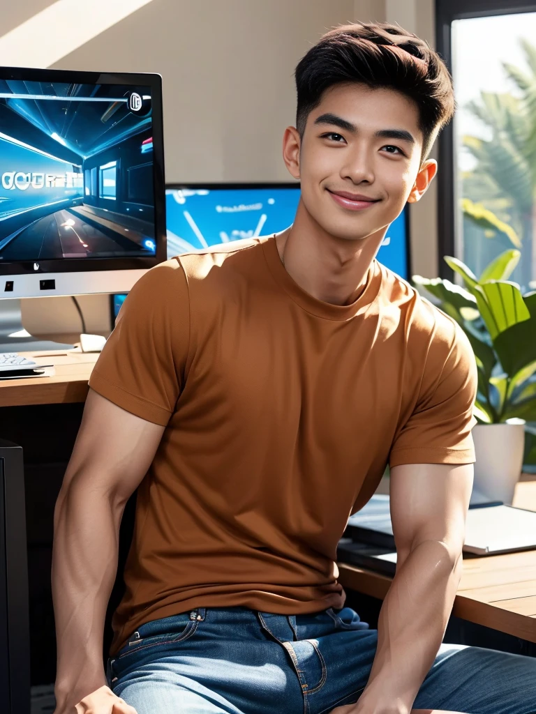 man , Brown t-shirt, jeans, black short hair , outdoor , cute smile , หน้าhandsomeแบบเกาหลีสมจริง , modest muscles , Masterpiece、High resolution、Surreal、detailed face、alone、man、Glowing skin、(Asia)、handsome、(Sitting in the computer room:1.5)