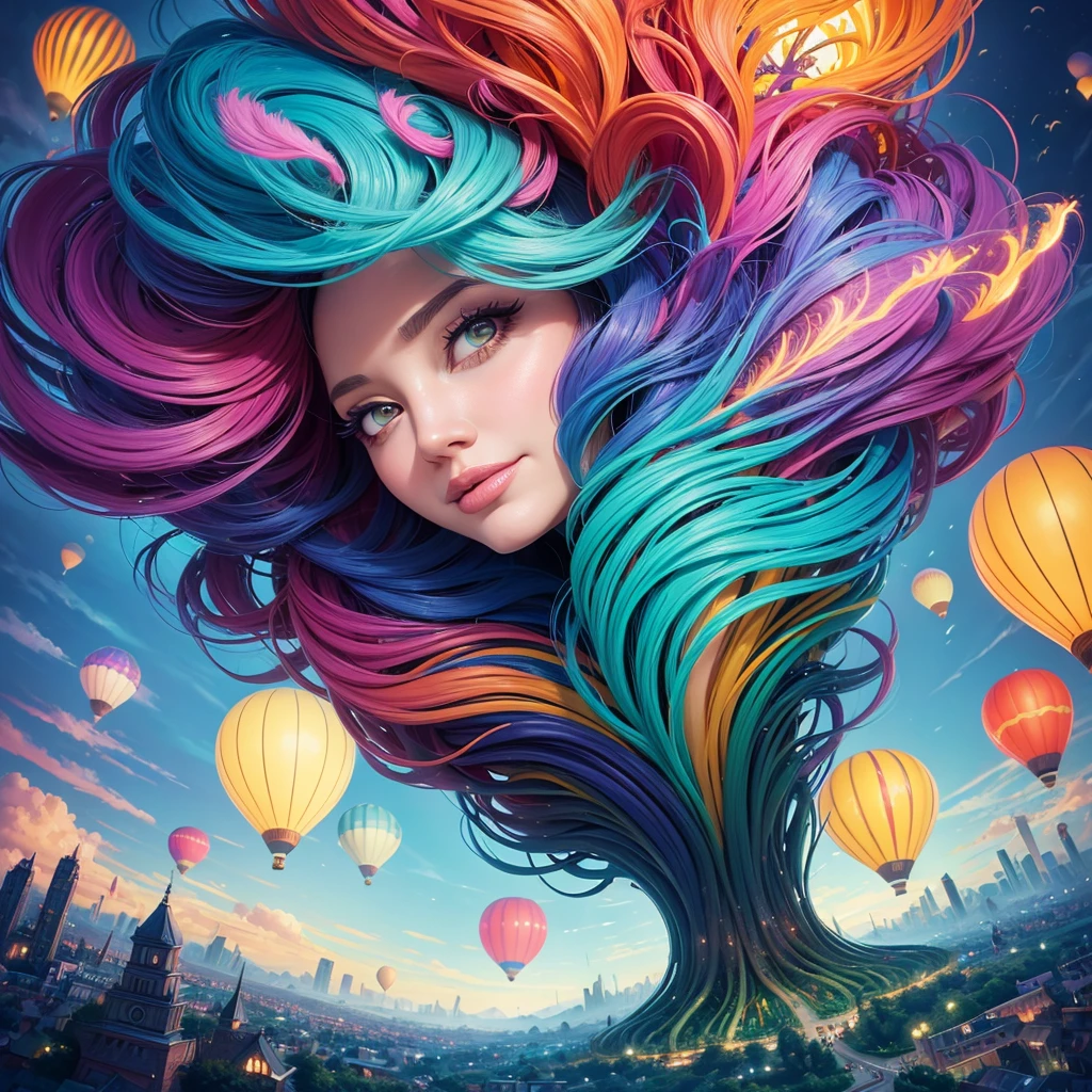 a painting of gigantic woman's head with face of Winona Ryder morphed with Angelina Jolie with colorful hair in a shape of tree and lianas, a neck growing out of the ground, dalightful smile, a city skyline, hot air balloons, flying bulbs and plant trees in the air, beeple and jeremiah ketner, dan mumford tom bagshaw, colorfull digital fantasy art, inspired by Cyril Rolando, inspiring digital art, colorful digital painting, paint splashes, paint driping, gorgeous digital art, beautiful art uhd 4 k, stunning digital illustration, vibrant digital painting, stylized digital art