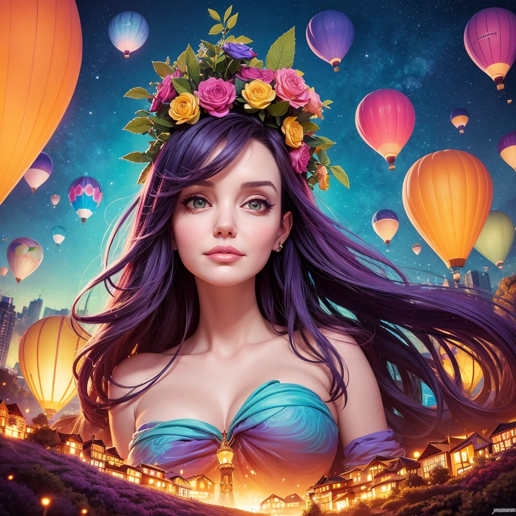 a painting of gigantic woman's head with face of Winona Ryder morphed with Angelina Jolie with colorful hair in a shape of tree and lianas, a neck growing out of the ground, dalightful smile, a city skyline, hot air balloons, flying bulbs and plant trees in the air, beeple and jeremiah ketner, dan mumford tom bagshaw, colorfull digital fantasy art, inspired by Cyril Rolando, inspiring digital art, colorful digital painting, paint splashes, paint driping, gorgeous digital art, beautiful art uhd 4 k, stunning digital illustration, vibrant digital painting, stylized digital art