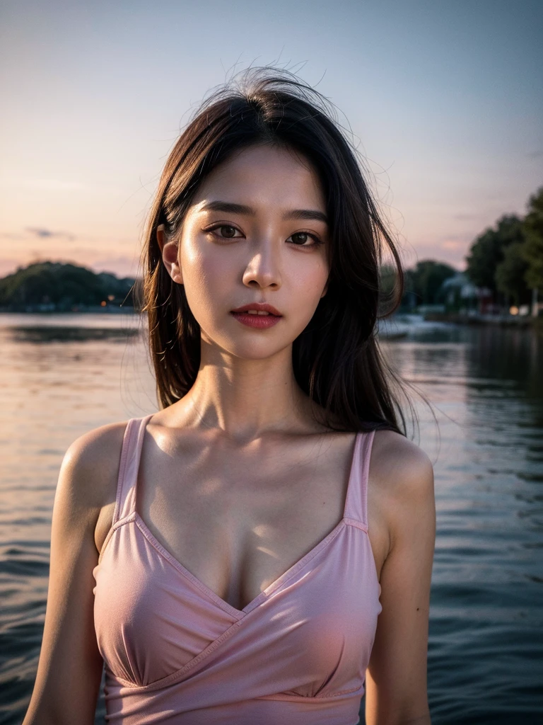 (best quality,4k,8k,highres,masterpiece:1.2),ultra-detailed,(realistic,photorealistic,photo-realistic:1.37),portrait,landscape,beautiful detailed eyes,beautiful detailed lips,extremely detailed eyes and face,longeyelashes,((1girl walking on a lake, twilight sky)),pink and purple hues,soft and dreamy lighting,serene atmosphere,dramatic clouds,crimson sunset,ethereal scenery, ((long hair:-0.8)) , ((nipple:-1)) .