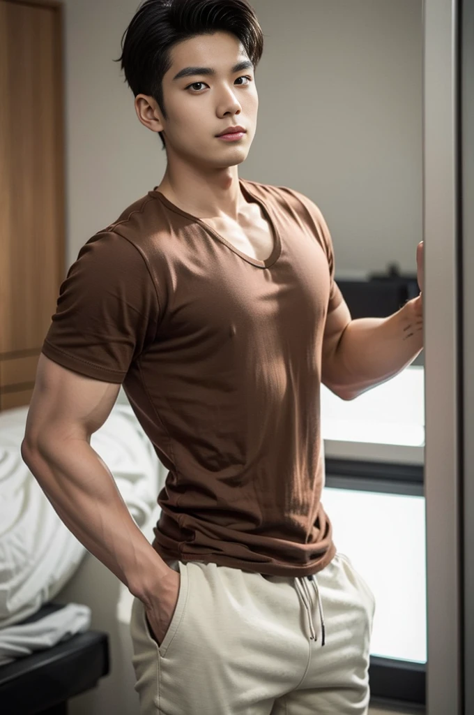 A young Asian man stands, handsome, muscular, looking at the camera. In a plain brown t-shirt, In the computer room