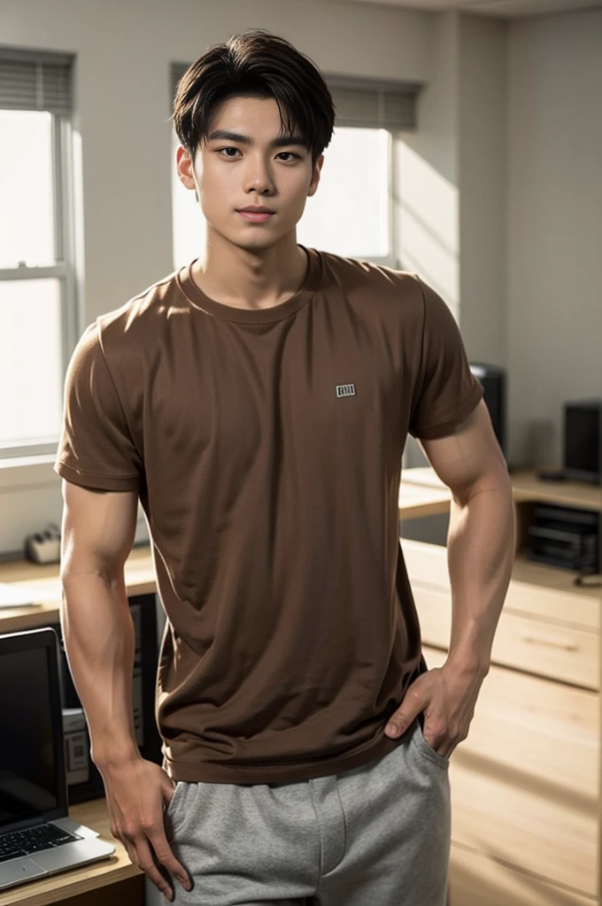 A young Asian man stands, handsome, muscular, looking at the camera. In a plain brown t-shirt, In the computer room