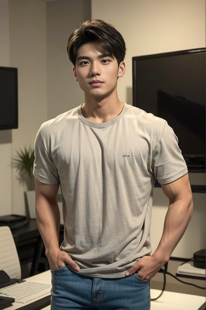 A young Asian man stands, handsome, muscular, looking at the camera. In a plain brown t-shirt, In the computer room