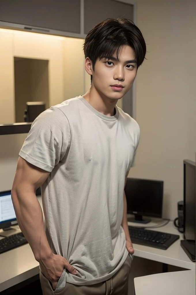 A young Asian man stands, handsome, muscular, looking at the camera. In a plain brown t-shirt, In the computer room