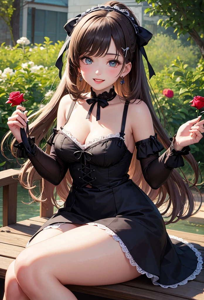 A beautiful girl in a black dress sitting on a wooden platform, anime girl, rose garden, beautiful and sunny day, black ta dress with lots of ruffles, floral print dress, short sleeve, lolihoker, low-cut chest, big round breasts, white lace thigh-high stockings, black lolita s, dark brown hair, gradient bangs, french braid, long hair, ponytail, wavy hair, swept bangs, shiny hair, hairclip, hair ribbon, hair flower, jewelry, lolita hairb aqua eyes, glowing eyes, pupils sparkling, earrings, light smile, blush, happy, red lips, slim waist, shapely legs, beautiful thighs, princess dress, short skirt, high detail, anime, dithering, image fill, perspective, Wide-Angle, f/1.8, 85mm, Sony FE GM, 8k, 8k wallpaper, super detail, highly detailed CG, UHD, retina, masterpiece, accurate, anatomically correct, textured skin, highres, best quality:1.3, 16k