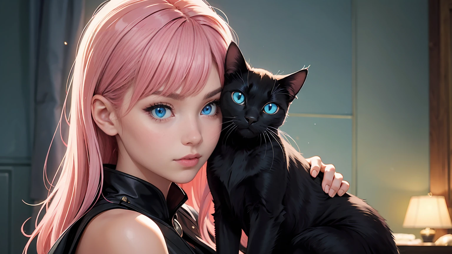 Girl with cat, black cat, pink hair blue eyes, avatar