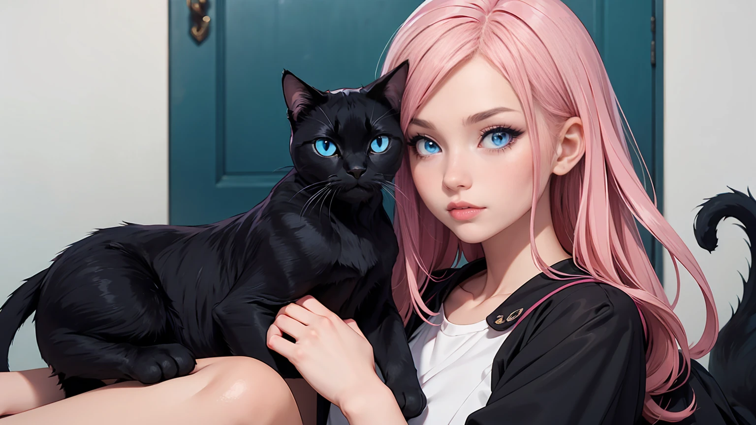 Girl with cat, black cat, pink hair blue eyes, avatar