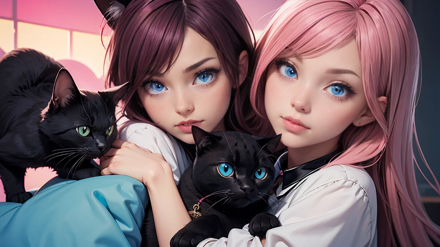 Girl with cat, black cat, pink hair blue eyes, avatar