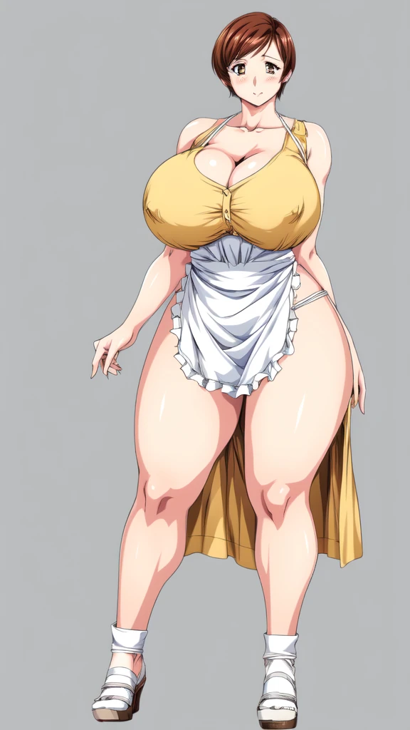 masterpiece, highest quality, High resolution, One girl, solo, sexual intercourse, Pornographic images, short hair, etsukoto, brown Eyes, fine grain, fine grain, long legs, (((Thick thighs, Plump thighs, Voluptuous thighs, Thighs alone are enough))), Huge and ample breasts, Cleavage, big long breasts, Naughty big,((big breasts are important))、((Naughty thighs)), L Cup, (thin:1.4),(Tight waist:1.4), (yellow dress:1.4),((waist apron)), white panty, (((Simple Background))), ((Wide Hips)), Shiny, Oily skin, Mature mother, Calf, Seductive mature woman, milf, Perfect body, Plus Size Model, curvy, ample, etsukoto, blush, clavicle, retro artstyle, 1990s (style), (thick thighs:1.4), bursting breasts, full body, showing panty,