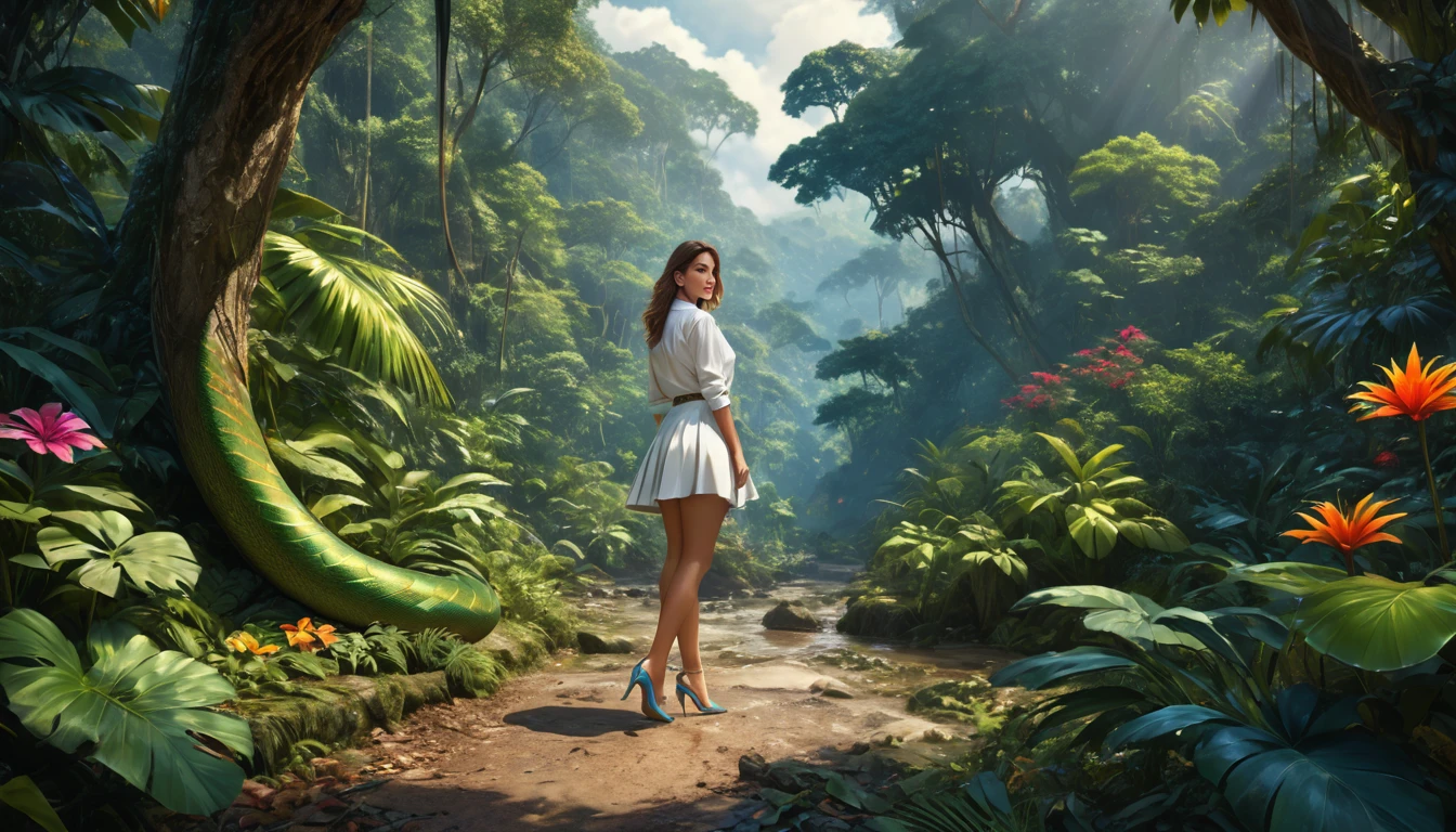 high details, best quality, 16k, [ultra detailed], masterpiece, best quality, dynamic angle, ultra wide shot, RAW, photorealistic, fantasy art, realistic art, a picture of a computer engineer  getting lost in the jungle, computer engineer, wearing white button shirt,  dynamic skirt, dynamic colors, wearing stiletto heels, full body, (an extremely beautiful: 1.3), (best detailed face: 1.4), dynamic hir color, dynamic hair style, dynamic eyes color, sense of confusion, sense of helplessness, jungle trees, plenty of (jungle veins: 1.2), (jungle flowers: 1.1), a (snake: 1.3) lurking by, high details, fantasy art, RPG art best quality, 16k, ultra detailed, masterpiece, best quality, (ultra detailed), full body, ultra wide shot, photorealistic, Hyperrealism style