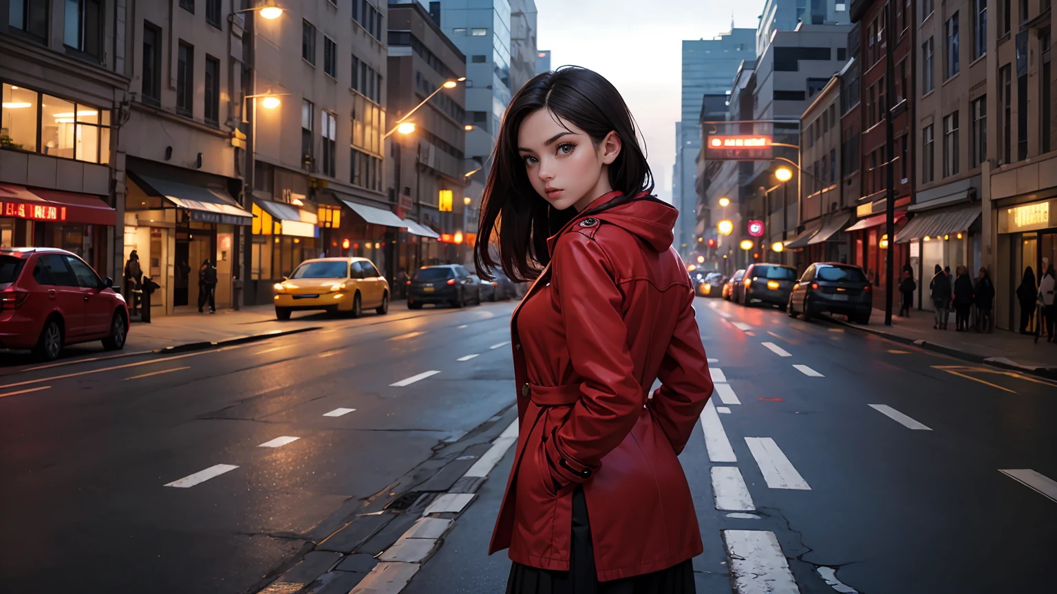 highres,masterpiece,best quality,extremely detailed,nsfw,1girl,city, street,arms behind back, black skirt, red coat, eye focus,