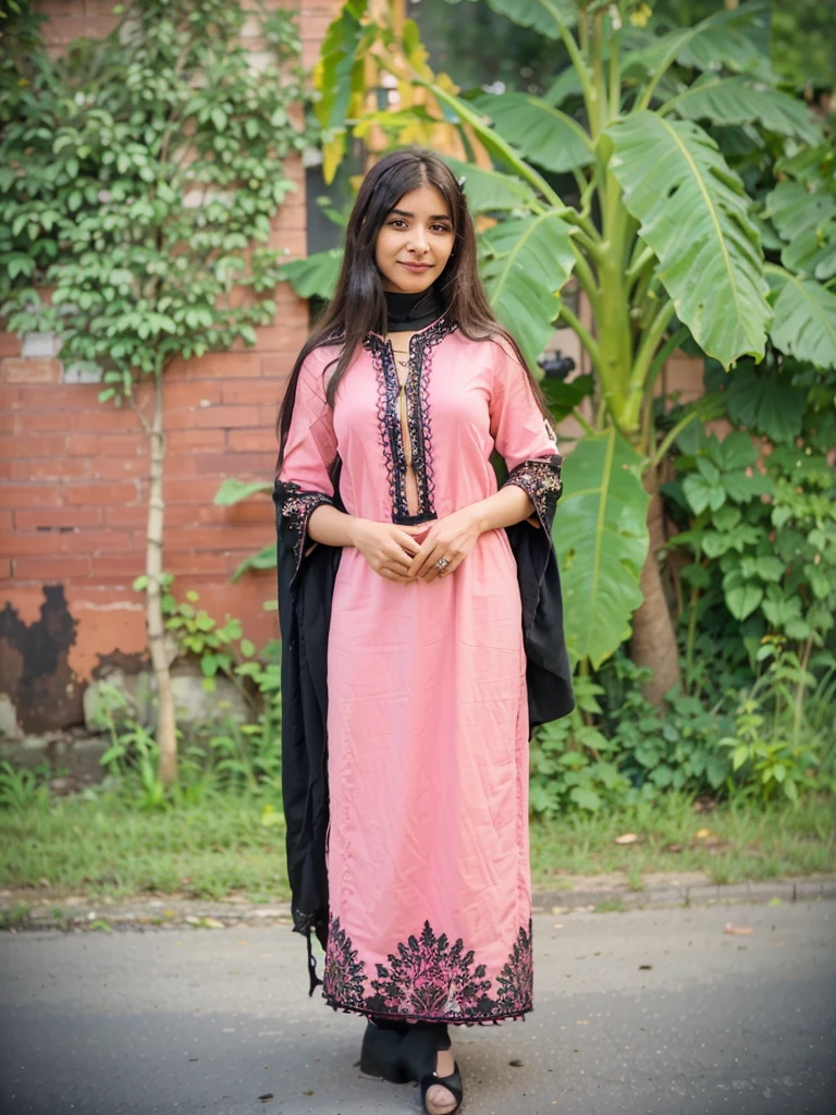 A young woman wearing a pink traditional outfit with black embroidery and a black dupatta stands outdoors against a backdrop of greenery and a brick wall, smiling at the camera.