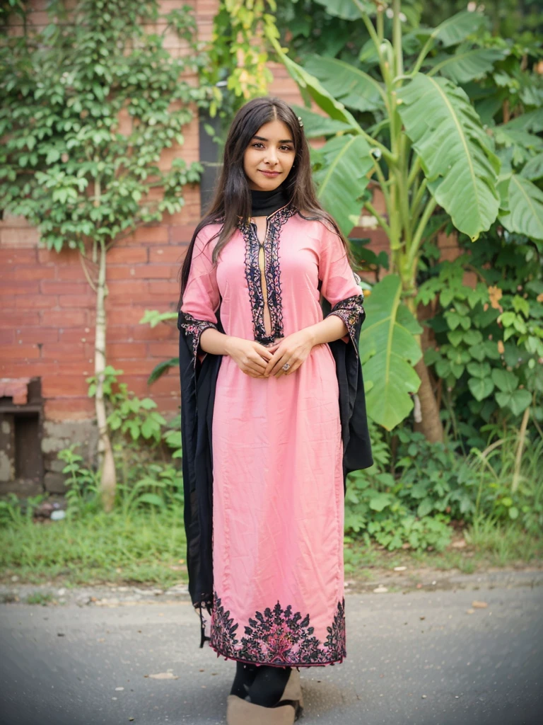 A young woman wearing a pink traditional outfit with black embroidery and a black dupatta stands outdoors against a backdrop of greenery and a brick wall, smiling at the camera.