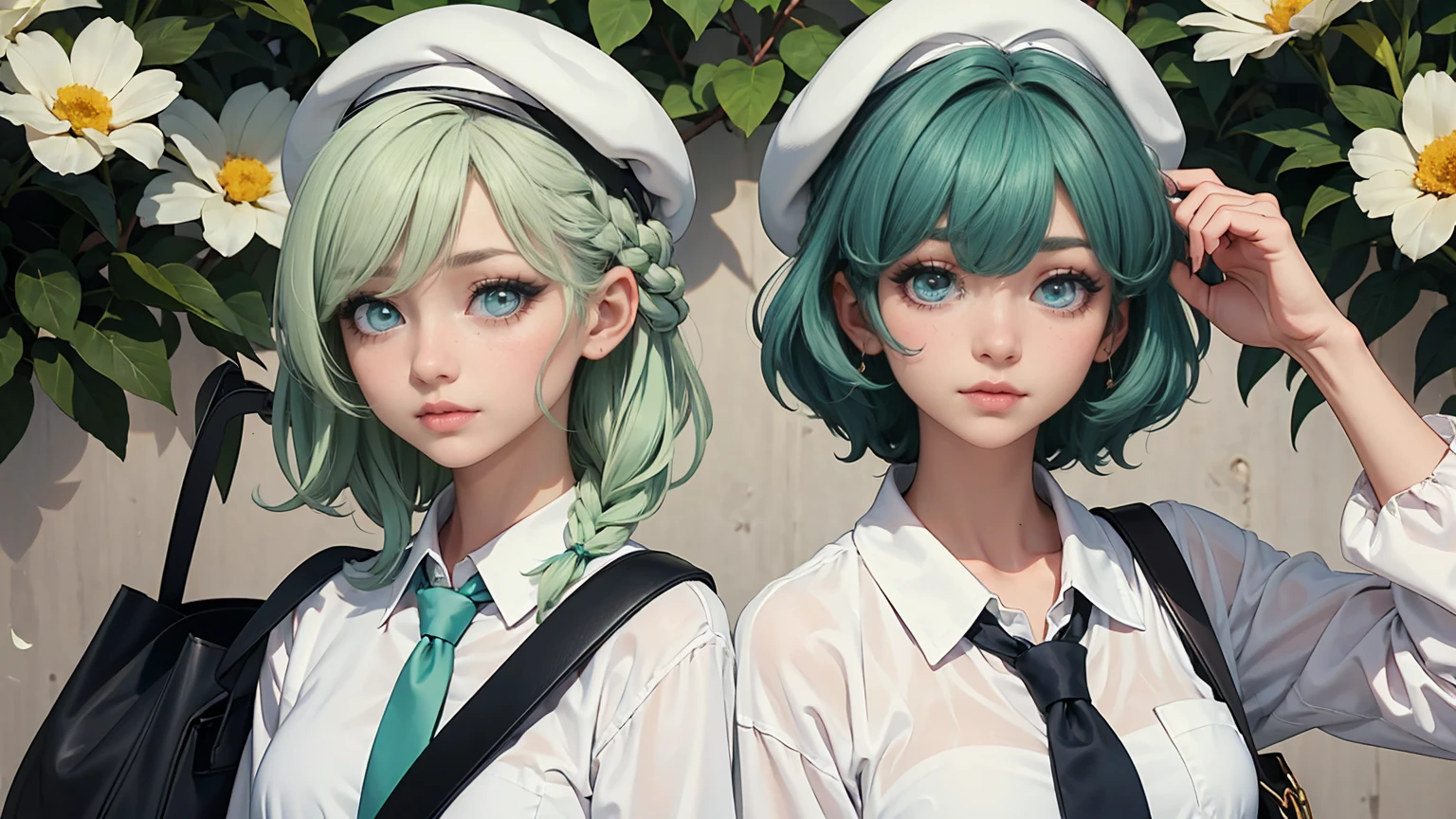 1girl, (bags under eyes:1.5), mint green hair, twin_braid, white beret, white shirt, flower necktie