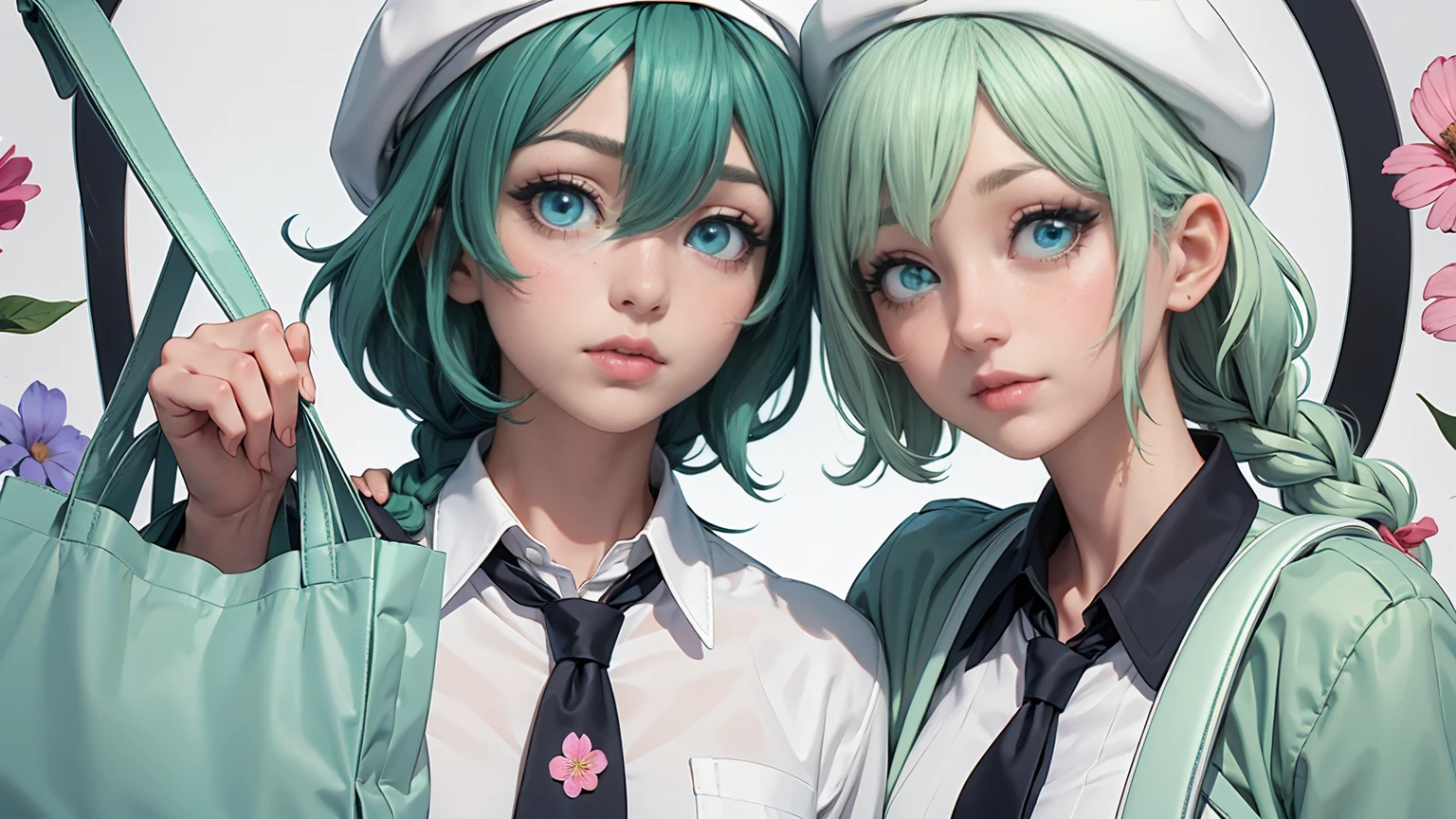 1girl, (bags under eyes:1.5), mint green hair, twin_braid, white beret, white shirt, flower necktie