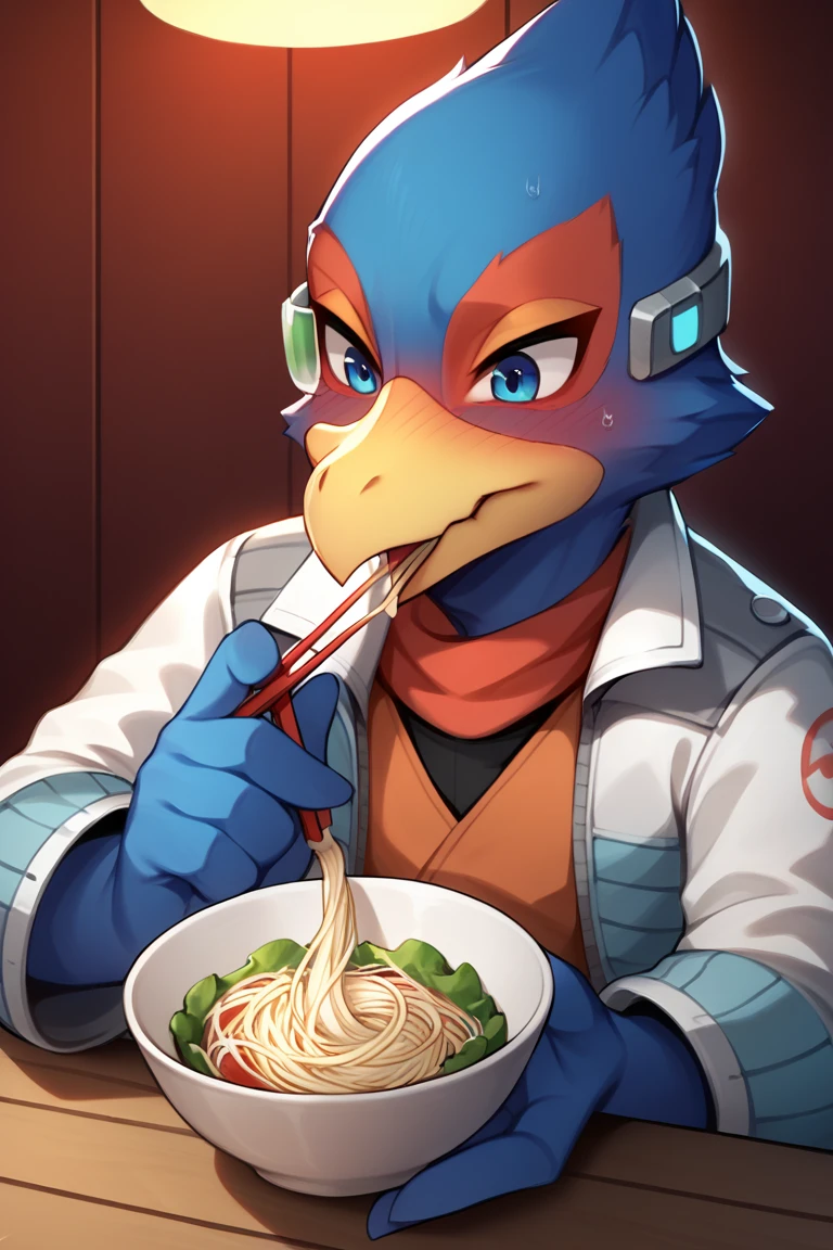 スcore_9, スcore_8_superior, スcore_7_superior, core_6_superior, One boy, alone, Falco Lombardi, Inside the spaceship, Beckoning, Straight ahead, in a blue, dark room,Eating somen noodles,holding chopsticks in one hand,Slurping noodles,Embarrassed,Has a shy look on his face。 Detailed face, High resolution,Drooling from the mouth,