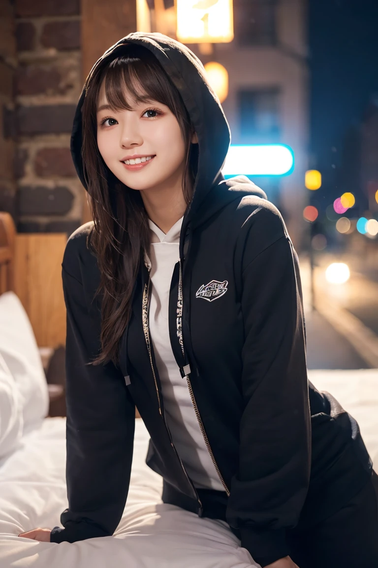 1 girl, (Wear a black hoodie:1.2), (RAW Photos, highest qualthaty), (Realistic, Realistic:1.4), Tabletop, Very delicate and beautiful, Very detailed, 2k wallpaper, wonderful, finely, Very detailed CG Unthaty 8K 壁紙, Very detailed, High resolution, Soft Light, Beautiful detailed girl, Very detailed目と顔, Beautiful and sophisticated nose, finelyて美しい目, Cinema Lighting, Illuminations that light up the cthaty on a snowy night, Snow Scene, that'that'that'it's snowing, Snow fell in my hair, Perfect Anatomy, Slender body, Was nervous,
Straight semi-long hair, bangs, Looking at the audience, smile、Fluffy scarf、On the bed、pajamas