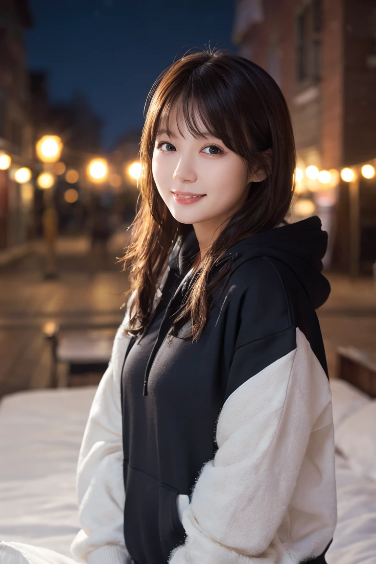 1 girl, (Wear a black hoodie:1.2), (RAW Photos, highest qualthaty), (Realistic, Realistic:1.4), Tabletop, Very delicate and beautiful, Very detailed, 2k wallpaper, wonderful, finely, Very detailed CG Unthaty 8K 壁紙, Very detailed, High resolution, Soft Light, Beautiful detailed girl, Very detailed目と顔, Beautiful and sophisticated nose, finelyて美しい目, Cinema Lighting, Illuminations that light up the cthaty on a snowy night, Snow Scene, that'that'that'it's snowing, Snow fell in my hair, Perfect Anatomy, Slender body, Was nervous,
Straight semi-long hair, bangs, Looking at the audience, smile、Fluffy scarf、On the bed、pajamas