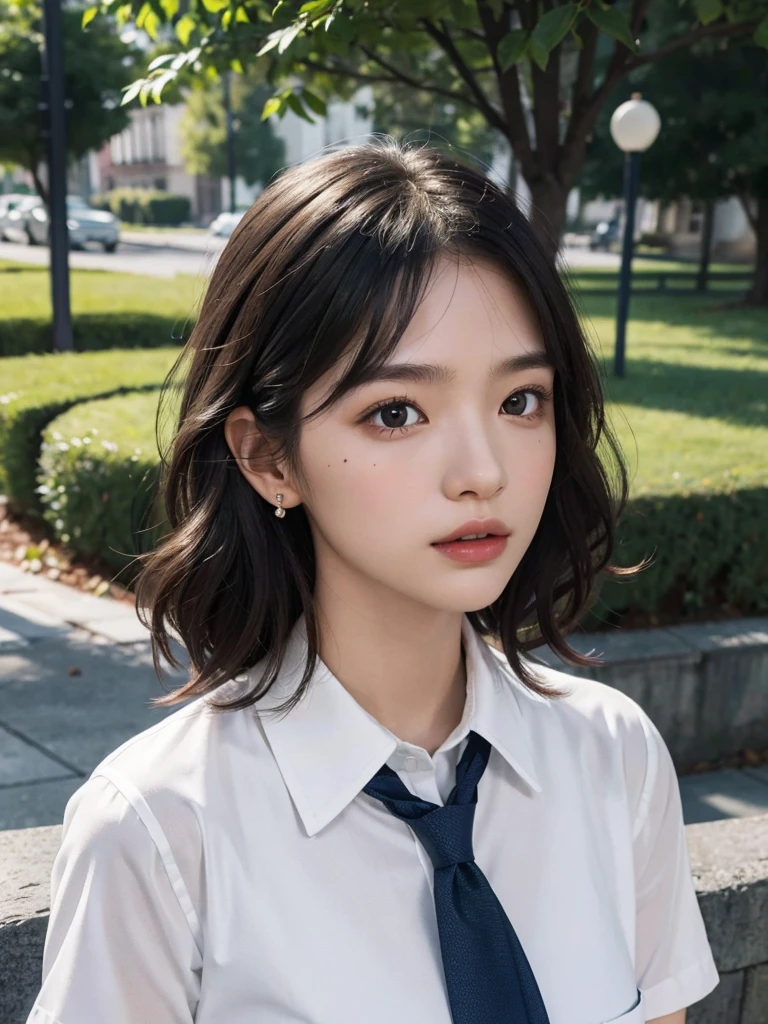 absurdres, RAW photo, extremely delicate and beautiful, masterpiece, Best Quality, ultra high resolution, 32k, hyperrealistic, ultra-detailed, perfect figure, Perfect Style, Perfect balance, in her 20s, very small head, very small face, delicate facial features, tearful mole, earring, very huge round breasts, full body shot, whole legs, short medium hair, wavy hair, outdoor, (school_uniform:1.2), dress shirt, tie,