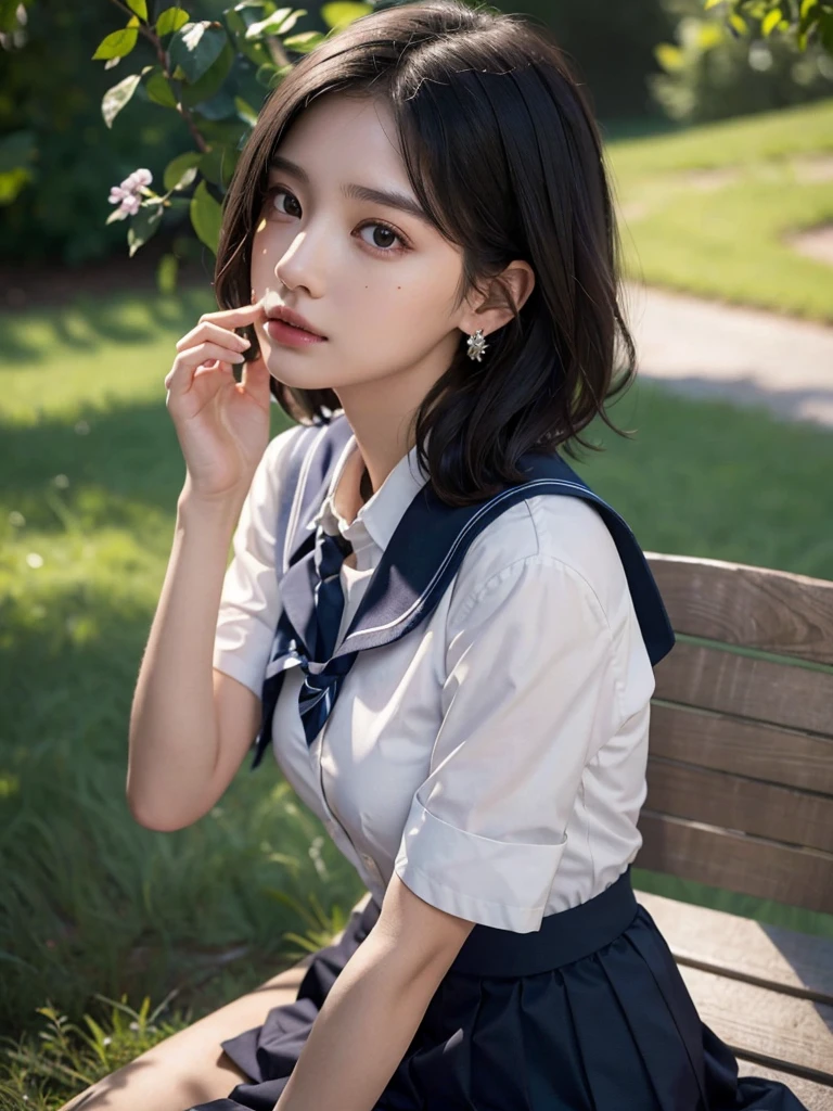 absurdres, RAW photo, extremely delicate and beautiful, masterpiece, Best Quality, ultra high resolution, 32k, hyperrealistic, ultra-detailed, perfect figure, Perfect Style, Perfect balance, in her 20s, very small head, very small face, delicate facial features, tearful mole, earring, very huge round breasts, full body shot, whole legs, short medium hair, wavy hair, outdoor, (school_uniform:1.2), dress shirt, tie,