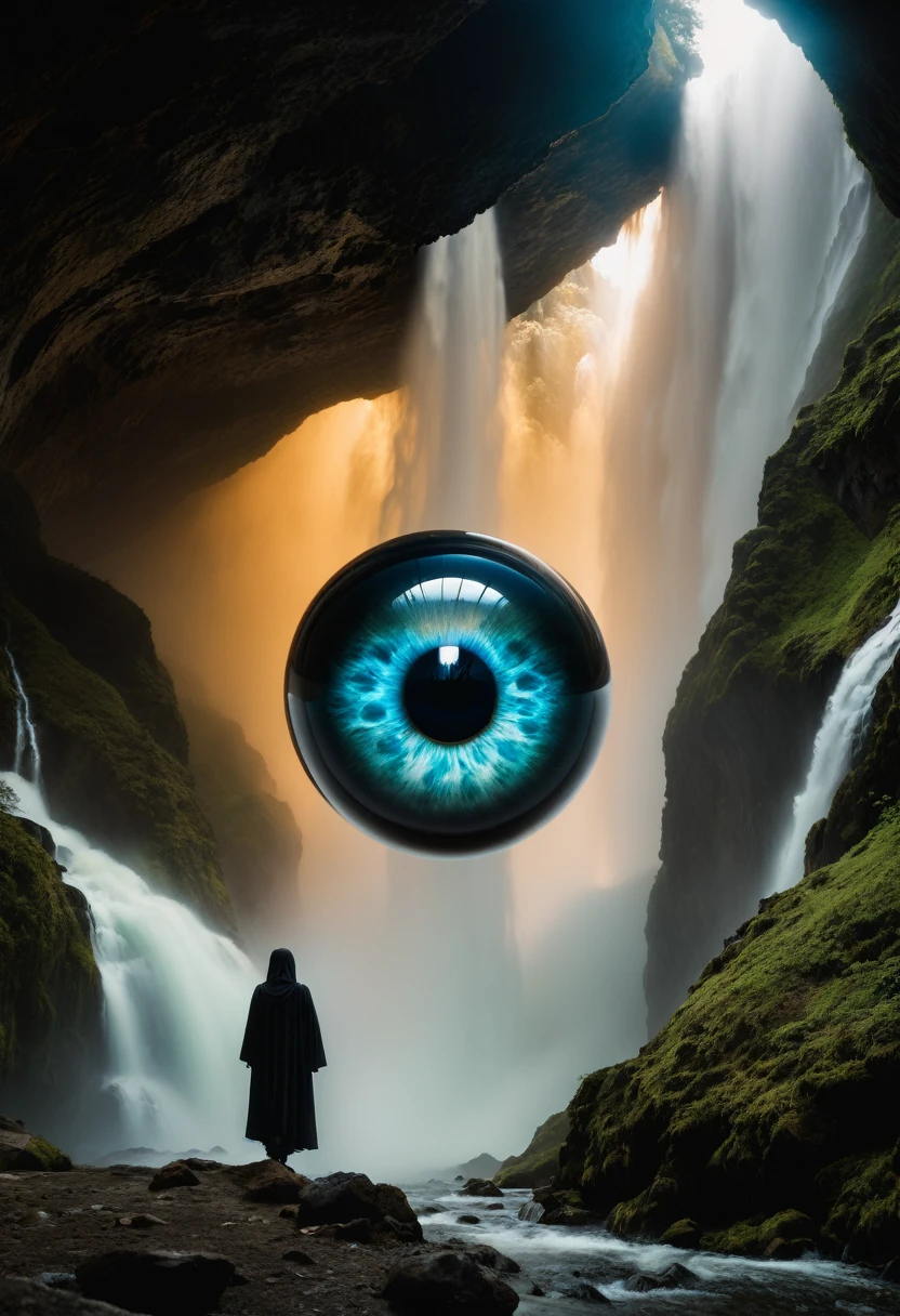(a floating gaseous eyeball), representing hope and dispair, waterfall, nature, creature, horror, ectoplasm, ghost, translucent, (nightmare), (beautiful dreams), chaos, masterpiece, best quality, (intricate details), (****), eldritch, glow, glowing eyes, horror, misty, ectoplasm, translucent, volumetric lighting, unique pose, dynamic pose, dutch angle, 35mm, anamorphic, lightroom, cinematography, film grain, HDR10, 8k hdr, Steve McCurry, ((cinematic)), RAW, color graded portra 400 film, remarkable color,
