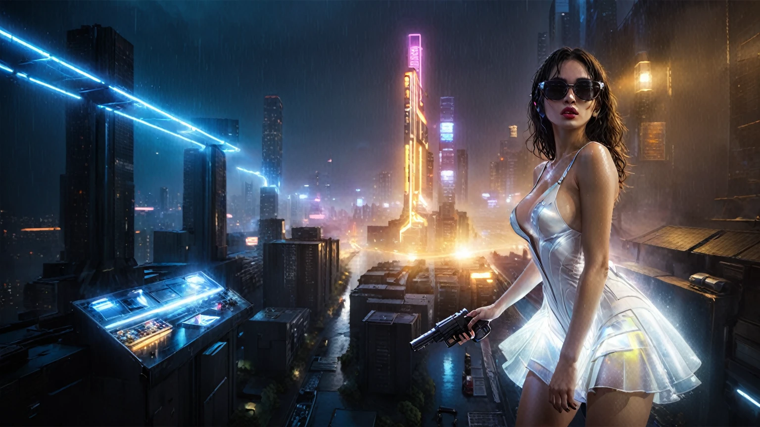 (((aerial view))), (flying cars docking platform), Blade Runner style futuristic city alley, neon lights, rainy night. (1girl, solo, alone), large-breast:1.2 slim body, cleavage:1.1, sexy wind blowing wet dress:1.4, headphone, (black sunglasses), (((she raised a pistol:1.8 and shot:1.8 the viewer))), dynamic pose, (((half-body thigh level medium shot))), cinematic lighting, lens flare, ray tracing, zoom-in blurred:1.4 background.