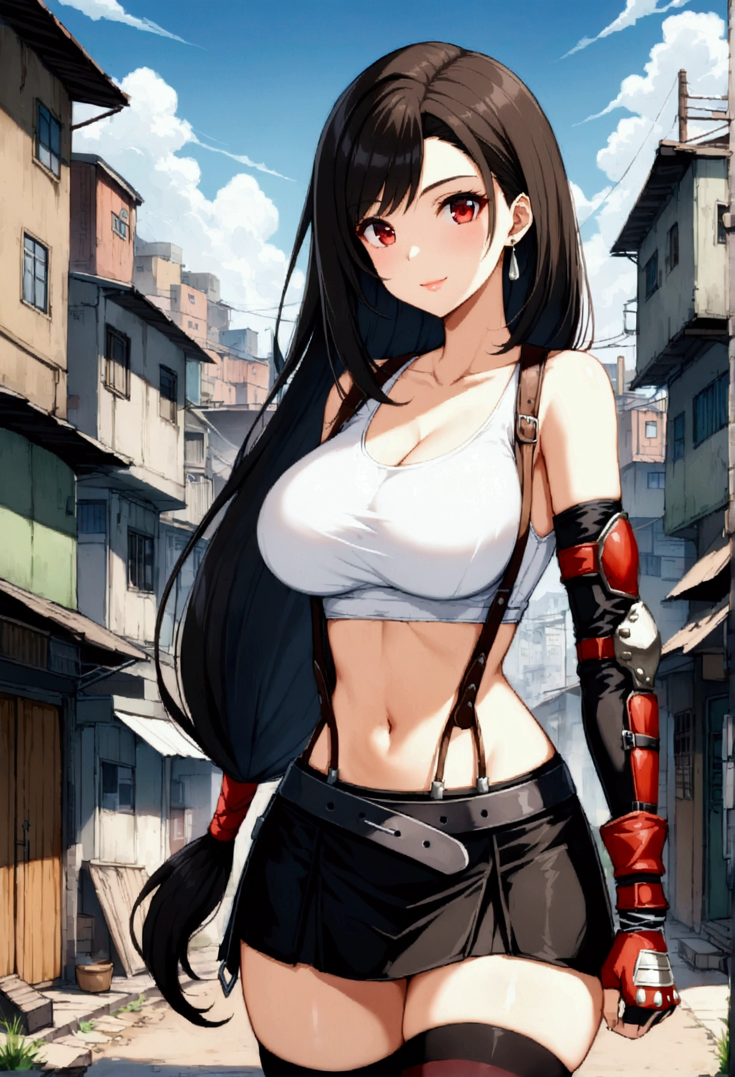 score_9, score_8_up, score_7_up, ,(side_view,side pose), (breast focus),standing,straight-on,perfect composition,(mediumshot:1),looking_at_viewer ,Solo,1girl, tifa lockhart, final fantasy,(beautiful woman:1.2).make up,lips,black hair, low-tied long hair, red eyes, bangs, white tank top,(short tank top:1.2), belt, pleated skirt, thighhighs, elbow fingerless gloves, elbow pads, midriff, navel,suspender skirt.zettai ryouiki ,(large_breasts),light smile,,slender_waist, ,(daytime and slum town),(masterpeace),(best quality),(aesthetic,very aesthetic),(highly detailed),hdr,(anime style),