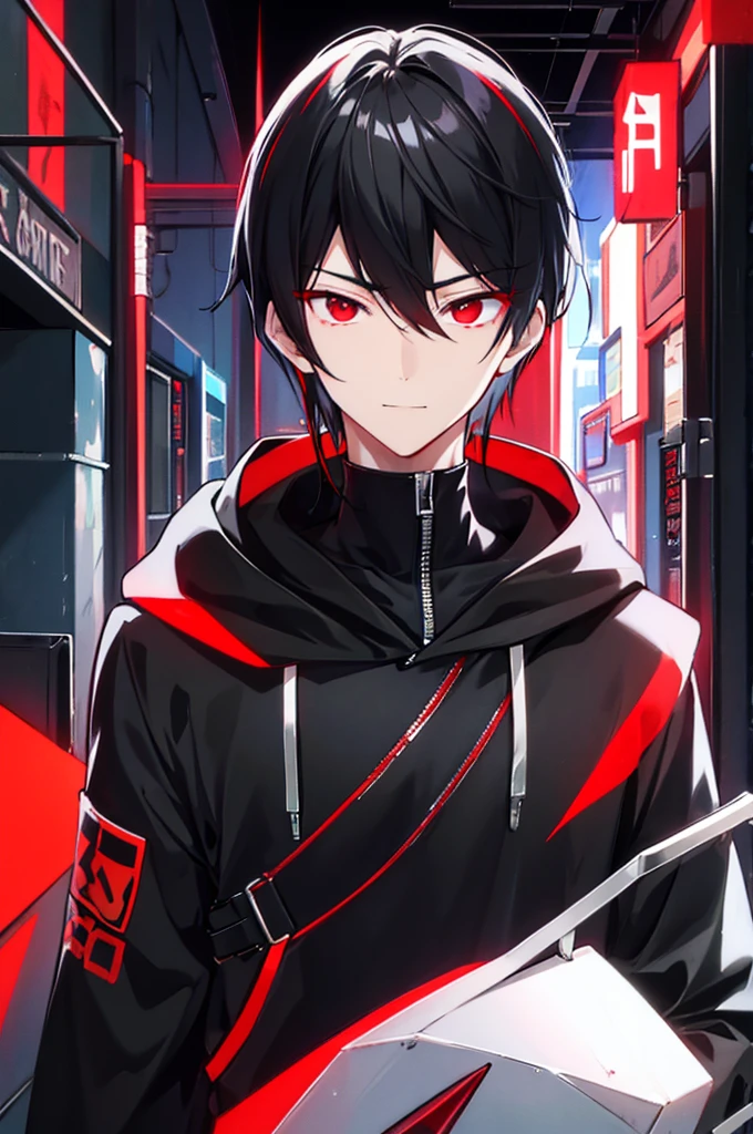 portrait, male, beauty, black hair, red eyes, cyberpunk, Black hoodie, white coat, relaxed, , No ear decoration