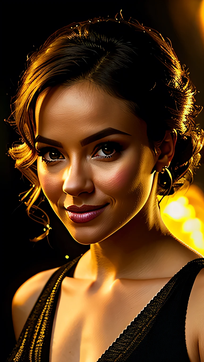 Studio Lighting,(Portraiture),(Vibrant colors),(Warm tones),(Soft moody lighting),(Sharp focus), stunning face, confident and provocative smile,Mysterious atmosphere,Dark and rough cave background, Big Tits, Ornate Assassin's Gear,Fierce and powerful stance,Shining Jewelry,Dramatic lighting to accentuate facial features,Subtle makeup,Faint signs of smoke or fog,Nighttime Settings,Faint moonlight shining in the background illuminates the scene.、masterpiece, 最high quality, high quality, High resolution, ((Pause_random))、Dark cave background,black garter set、View from behind、