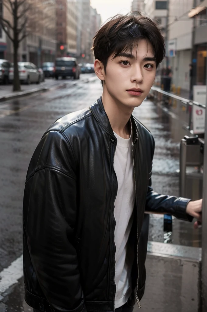 1 man, detailed face, handsome, alone, pilot, short hair, diagonal, in the autumn, sky, waterfall, muscular man, leather jacket, album cover,