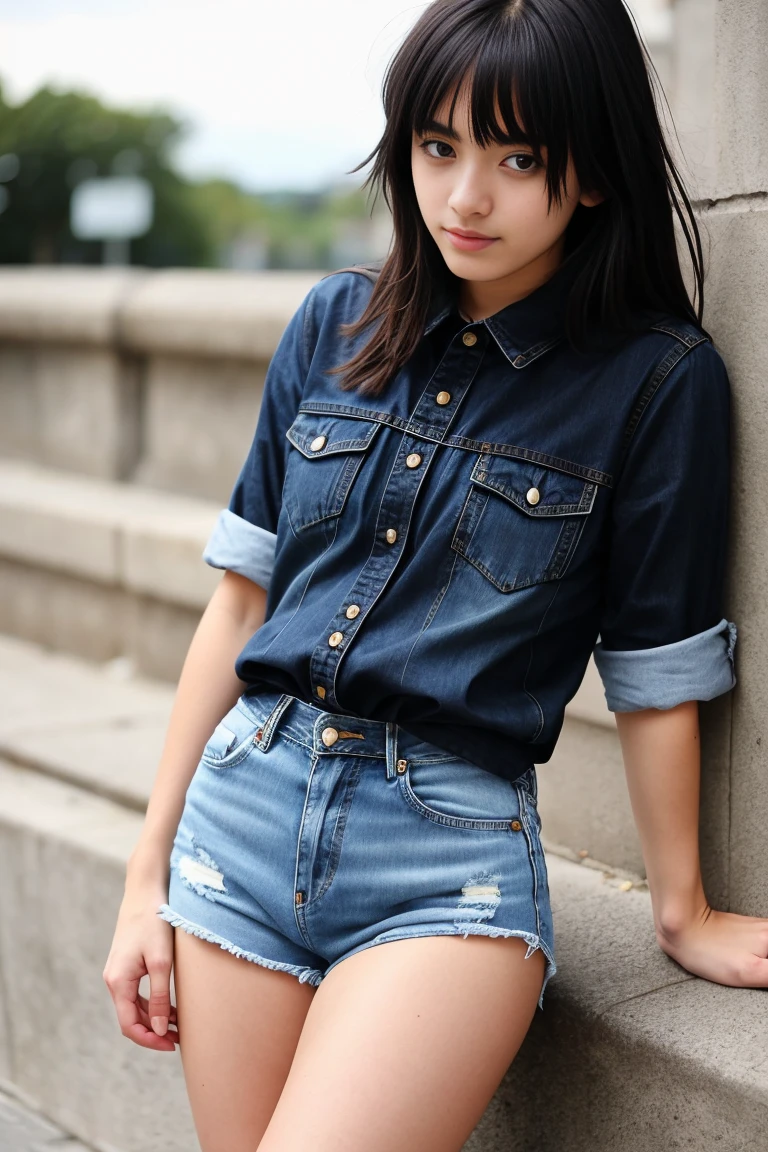 a beautiful 18 year old slim and sexy french woman, emo girl, black dress, denim shorts, visible legs