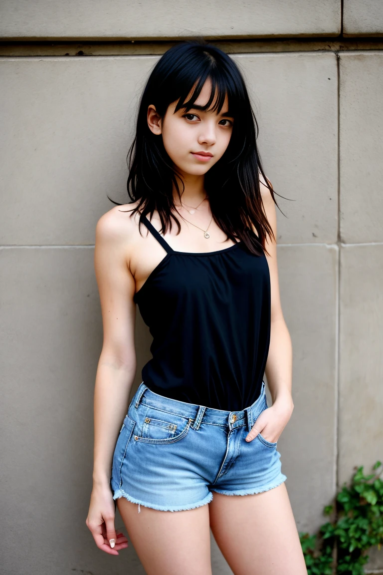 a beautiful 18 year old slim and sexy french woman, emo girl, black dress, denim shorts, visible legs