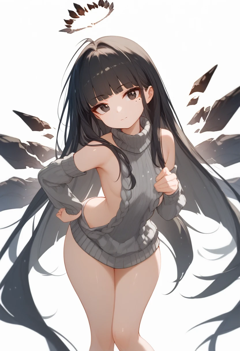 (score_9, score_8_up, score_7_up), 1girl, VirtuosaBase, cute, (chibi:0.7), black hair, blunt bangs, long hair, broken halo, energy wings, black eyes, mole under right eye, small breasts, virgin killer sweater, detached sleeves, gray sweater, single hand victory pose, hand on hip, leaning forward, looking at viewer, upper body, zoom out, white background, huge ass , ass , underboob ,under breasts , thighs , big thighs , thicc thighs , ass  , tanding split , standing spilt legs ,  thighs , side thighs , nude spreading legs , open legs , thighs , hips side, bottomless , no panties , no pants 