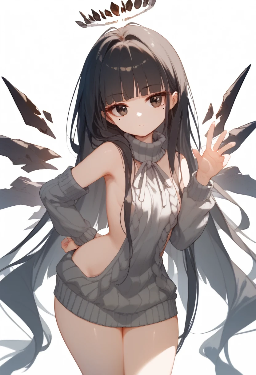 (score_9, score_8_up, score_7_up), 1girl, VirtuosaBase, cute, (chibi:0.7), black hair, blunt bangs, long hair, broken halo, energy wings, black eyes, mole under right eye, small breasts, virgin killer sweater, detached sleeves, gray sweater, single hand victory pose, hand on hip, leaning forward, looking at viewer, upper body, zoom out, white background, huge ass , ass , underboob ,under breasts , thighs , big thighs , thicc thighs , ass , tanding split , standing spilt legs , thighs , side thighs , nude spreading legs , open legs , thighs , hips side, bottomless , no panties , no pants