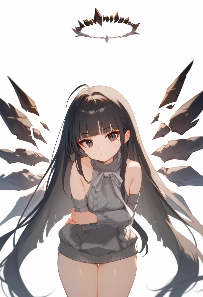 (score_9, score_8_up, score_7_up), 1girl, VirtuosaBase, cute, (chibi:0.7), black hair, blunt bangs, long hair, broken halo, energy wings, black eyes, mole under right eye, small breasts, virgin killer sweater, detached sleeves, gray sweater, single hand victory pose, hand on hip, leaning forward, looking at viewer, upper body, zoom out, white background, huge ass , ass , underboob ,under breasts , thighs , big thighs , thicc thighs , ass  , tanding split , standing spilt legs ,  thighs , side thighs , nude spreading legs , open legs , thighs , hips side, bottomless , no panties , no pants 