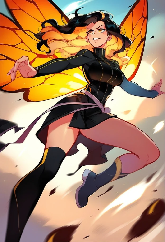 juder_style, score_9, score_8_up, score_7_up, score_6_up, score_5_up, score_4_up, hd, (ultra hd quality details), 8K, 1girl, long hair, Hourglass body, yellow eyes, yellow hair, black hair, 2d illustration, wavy hair, wasp wings, fighting
