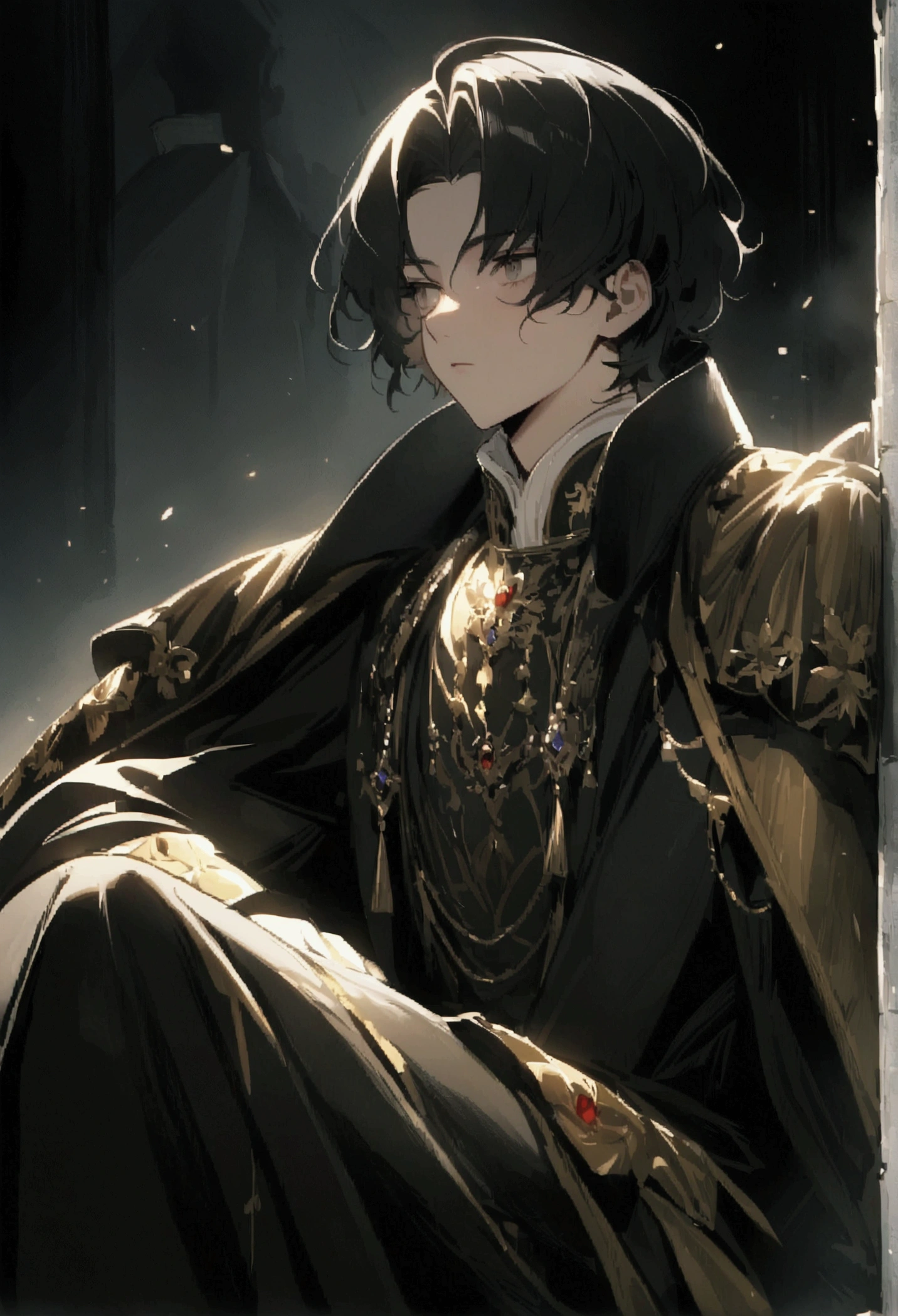 The Emperor is still very young, a ager with a cold and intimidating gaze, very handsome and charming, height 165 and weight 67 with elegant black and gold clothes, sitting with dignity and cold gaze