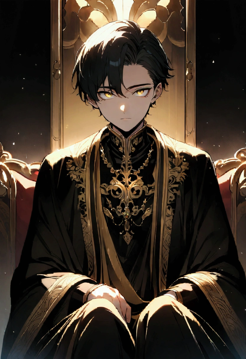 The Emperor is still very young, a teenager with a cold and intimidating gaze, very handsome and charming, height 165 and weight 67 with elegant black and gold clothes, sitting with dignity and cold gaze 
