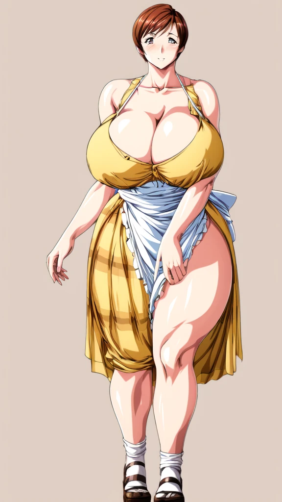 masterpiece, highest quality, High resolution, One girl, solo, sexual intercourse, Pornographic images, short hair, etsukoto, brown Eyes, fine grain, fine grain, long legs, (((Thick thighs, Plump thighs, Voluptuous thighs, Thighs alone are enough))), ((Huge and ample breasts, Cleavage, big long breasts)), Naughty big,((big breasts are important))、((Naughty thighs)), L Cup, (thin:1.4),(Tight waist:1.4), (yellow dress:1.4), ((waist apron)), white panty, (((Simple Background))), ((Wide Hips)), Shiny, Oily skin, Mature mother, Calf, Seductive mature woman, milf, Perfect body, Plus Size Model, curvy, ample, etsukoto, blush, clavicle, retro artstyle, 1990s (style), (thick thighs:1.4), full body, (((showing panty))),