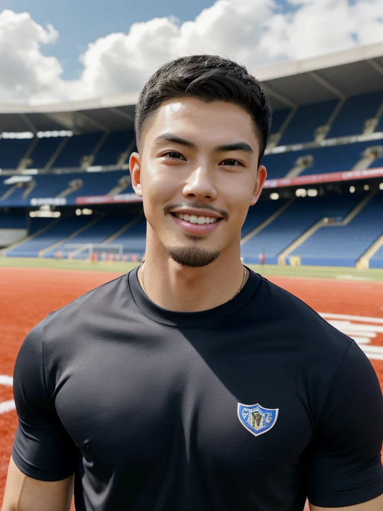 Tony Labrusca, (As a matter of fact, Masterpiece, 8k HD, good light quality, sportswear, fit the face, complicated details), A handsome, muscular young Korean man. , 20 years old, be happy, smile brightly, detailed face, delicate eyes, มองดูsky, Wear a tight blue t-shirt., period, black eyes, Black hair color, ผมsmooth, smooth, outdoor sports, Along the football field, Sunny,sky,Surreal,Superb details,Highest quality,real,