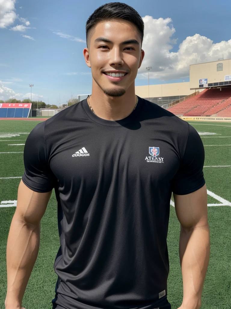 Tony Labrusca, (As a matter of fact, Masterpiece, 8k HD, good light quality, sportswear, fit the face, complicated details), A handsome, muscular young Korean man. , 20 years old, be happy, smile brightly, detailed face, delicate eyes, มองดูsky, Wear a tight blue t-shirt., period, black eyes, Black hair color, ผมsmooth, smooth, outdoor sports, Along the football field, Sunny,sky，Surreal，Superb details，Highest quality，real，