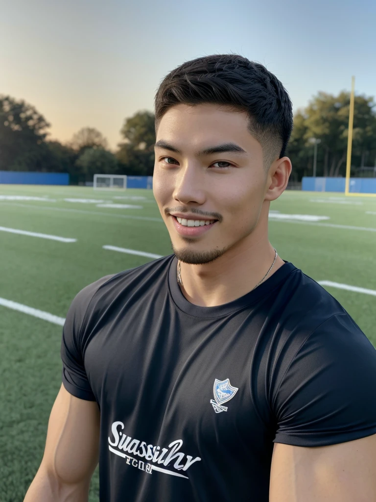 Tony Labrusca, (As a matter of fact, Masterpiece, 8k HD, good light quality, sportswear, fit the face, complicated details), A handsome, muscular young Korean man. , 20 years old, be happy, smile brightly, detailed face, delicate eyes, มองดูsky, Wear a tight blue t-shirt., period, black eyes, Black hair color, ผมsmooth, smooth, outdoor sports, Along the football field, Sunny,sky，Surreal，Superb details，Highest quality，real，