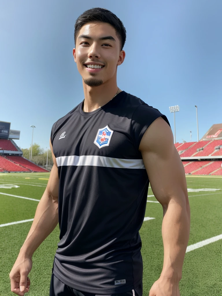 Tony Labrusca, (As a matter of fact, Masterpiece, 8k HD, good light quality, sportswear, fit the face, complicated details), A handsome, muscular young Korean man. , 20 years old, be happy, smile brightly, detailed face, delicate eyes, มองดูsky, Wear a tight blue t-shirt., period, black eyes, Black hair color, ผมsmooth, smooth, outdoor sports, Along the football field, Sunny,sky,Surreal,Superb details,Highest quality,real,