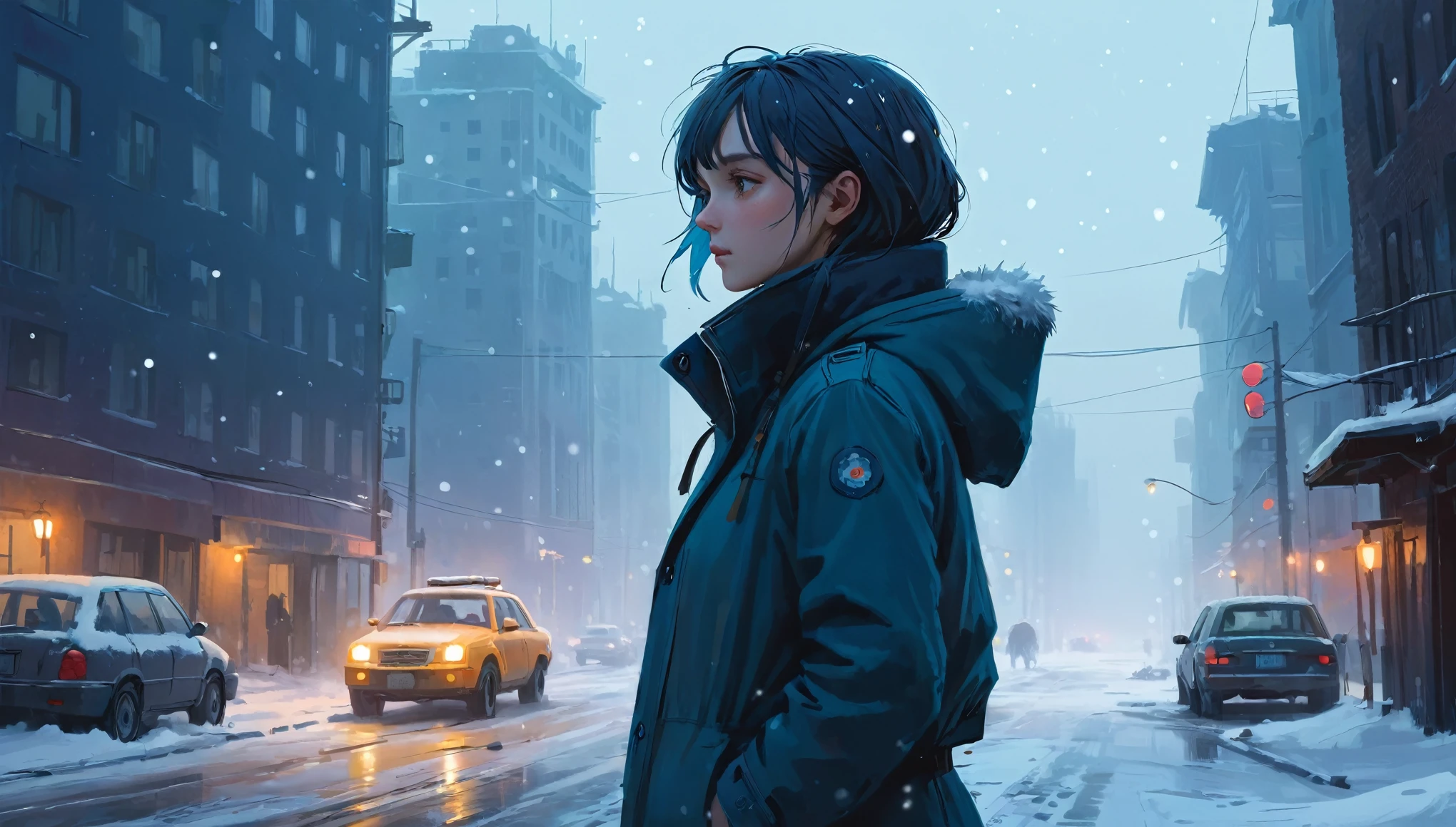 side angle shot of a person standing on in a city, snow everywhere, looking sideways at camera, lot's of snowflakes, haze, expansive, long shot, aesthetic photography, low brightness, dim, blue color pallette, snow particles, bokeh, wallpaper, highest quality, masterpiece, high definition painterly textures, inspired by artstation art and Simon Stalenhag's oil paint artstyle. Somber, highly detailed, absolutely breathtaking, dynamic angle, dutch angle,