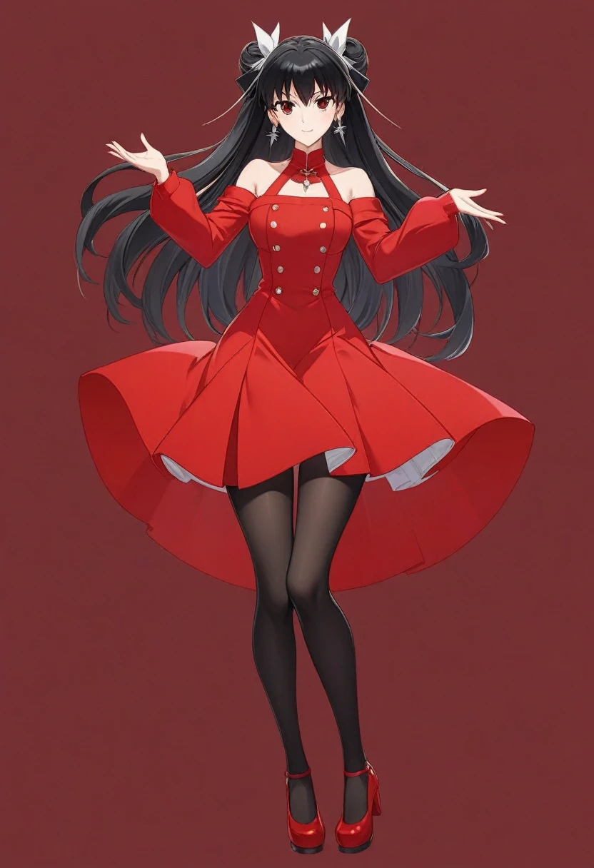 Anime picture of a woman in a red dress and black tights, anime full body illustration, single character full body, her wardrobe is attractive, !!full body portrait!!, rin tohsaka, full body!!, female anime character, full body single character, anime girl wearing a red dress, anime woman fullbody art, full body with costume, t pose, 